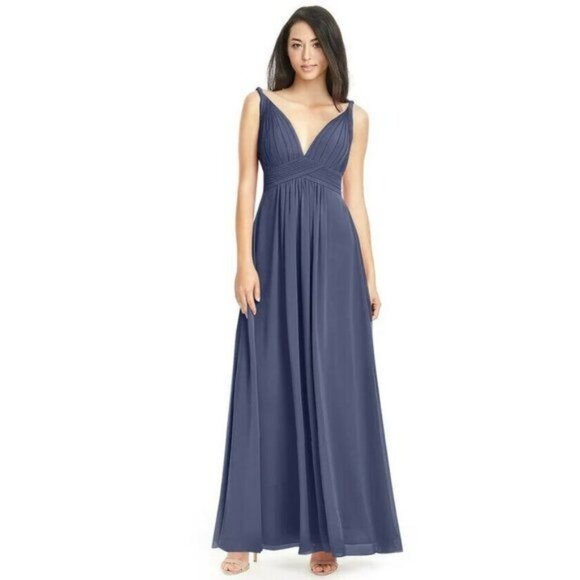 Azazie Stormy A-Line Pleated Chiffon Dress Gown Blue Custom Size See Measurement - Picture 1 of 12